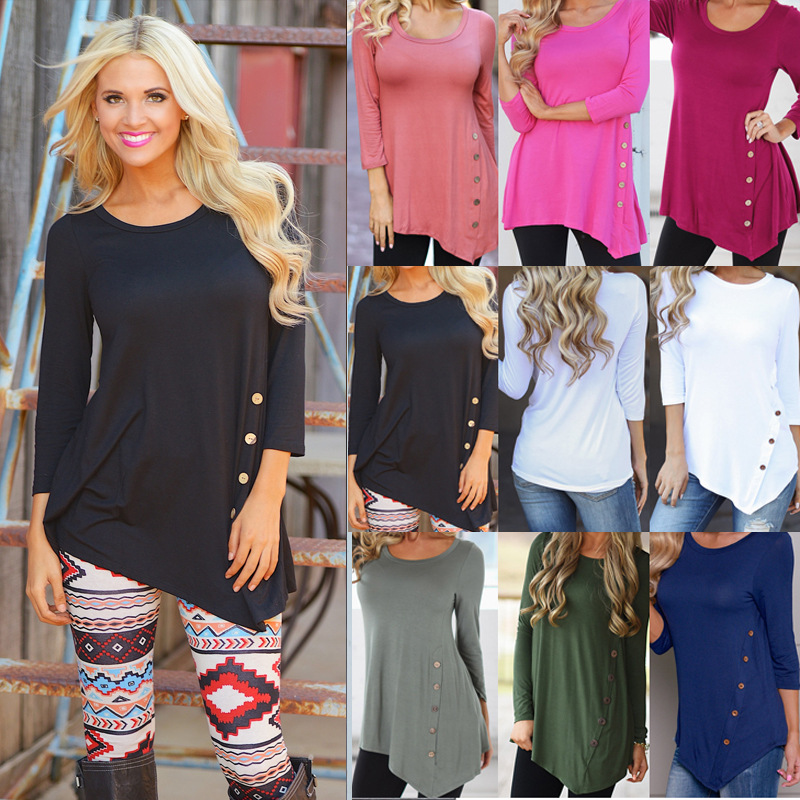 

Women T-shirt Solid O Neck Irregular Buttons Casual Plus Size - 3XL Long Sleeve Europen American Fashion Tops, Gray