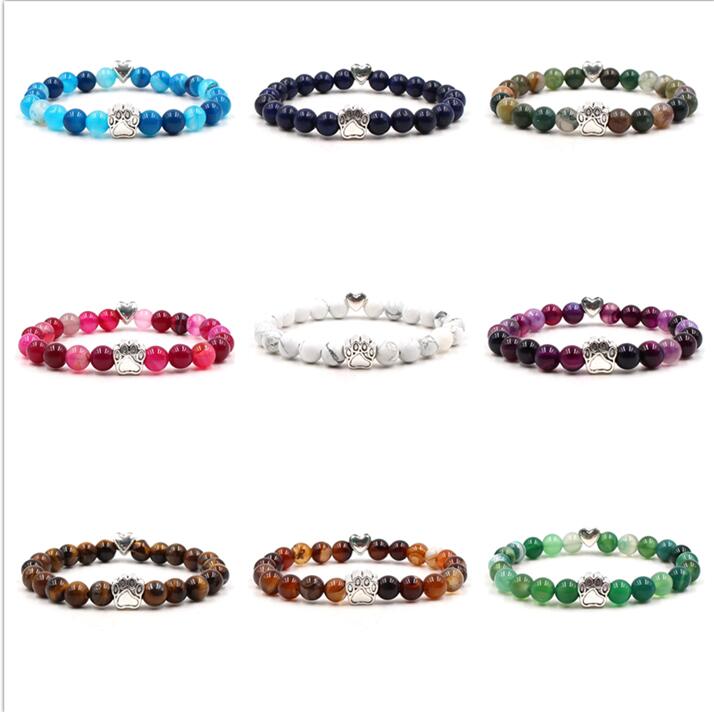 

10 Colors Dog Footprint Paw Charms Bracelet Pet Lover 8mm Colourful Natural Stone Beads Bracelets Bear claw stretch Jewelry