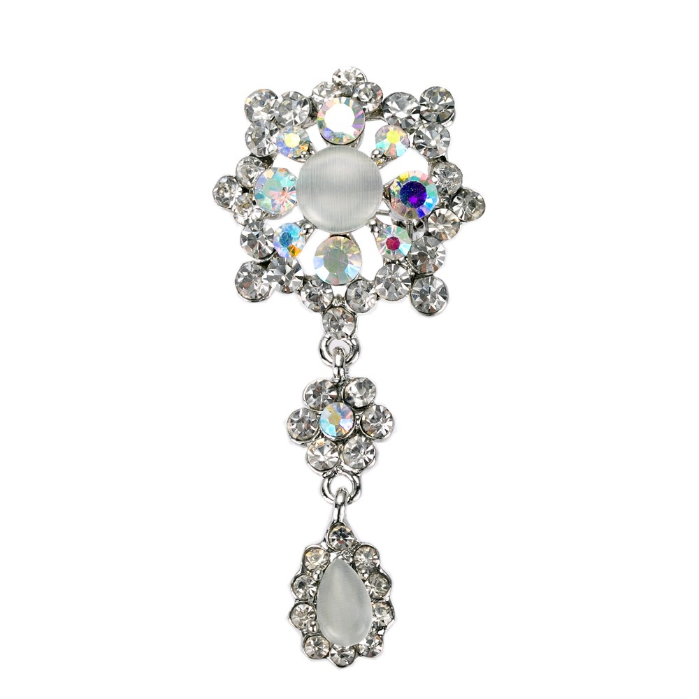 

SILVER CAT'S EYE FLOWER DROP CLEAR CZ AND RHINESTONE CRYSTAL BROOCH