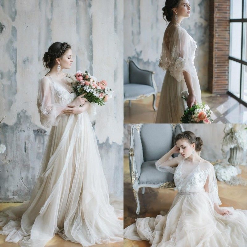 

Fairy Modest Bohemian Cheap Country Wedding Dresses Illusion Applique Beaded Cross Bridal beach robe de mariée 2018 Design Sleeves Summer, Ivory