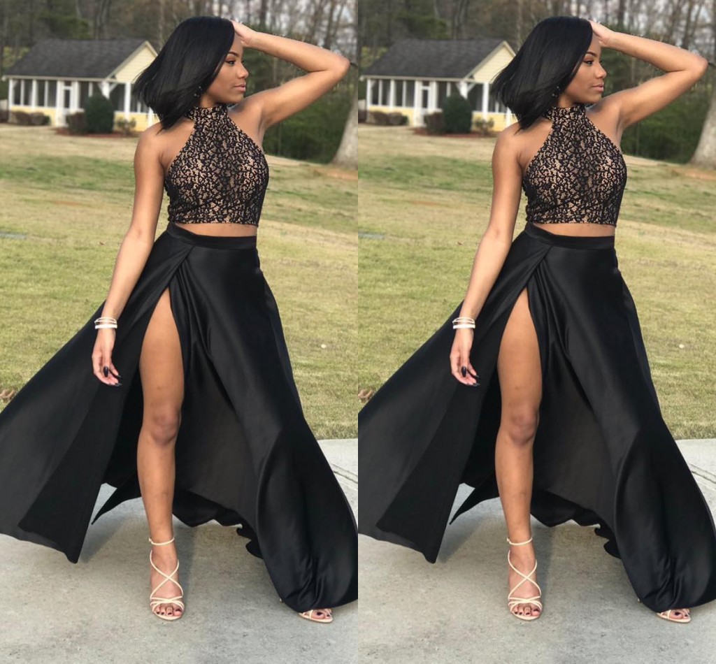 Sexy Two Pieces 2021 Prom Dresses Halter Split Skirt Satin Formal Evening Dresses Cocktail Party Evening Gowns-image-411831511