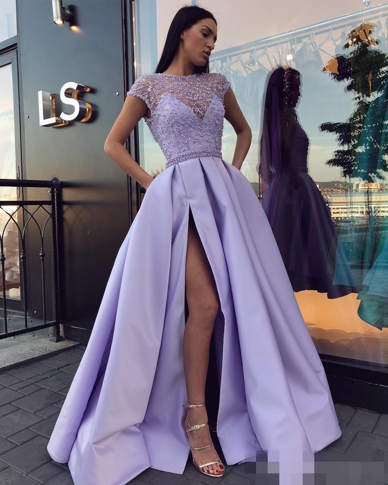 

High Slit Lilac Evening Dress Bateau Sheer Neck Cap Short Sleeves Keyhole Back satin Beaded Sequins A line Party Prom Formal Dress Gowns, Yellow