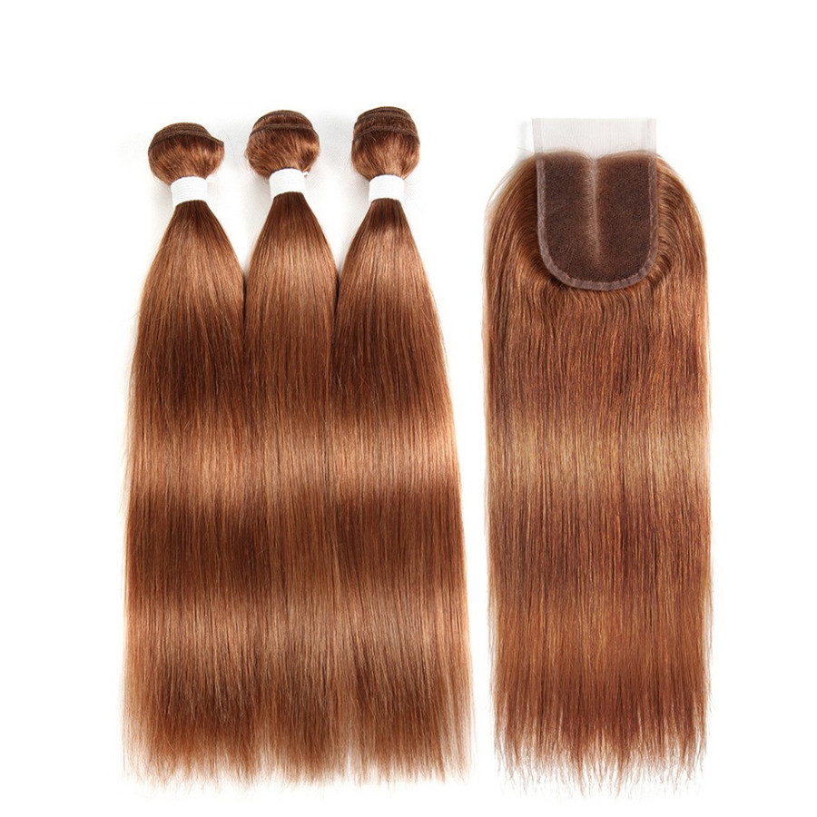 

Brazilian Virgin Hair Color #30 Light Auburn Straight Bundles With Lace Closure Brown Hair Extensions 3 Bundle Deals With Closure256x