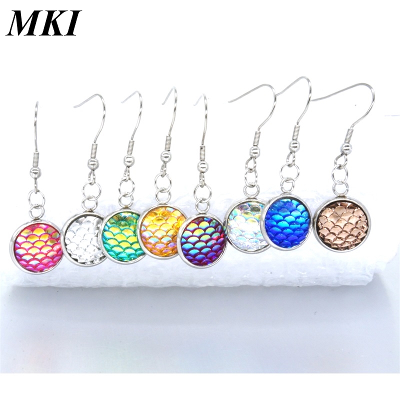 12 Colors Stainless Steel Metal 12mm Fish Scale Earrings Bright Druzy Mermaid Scale Cabochon Hook Earrings for Women Jewelry