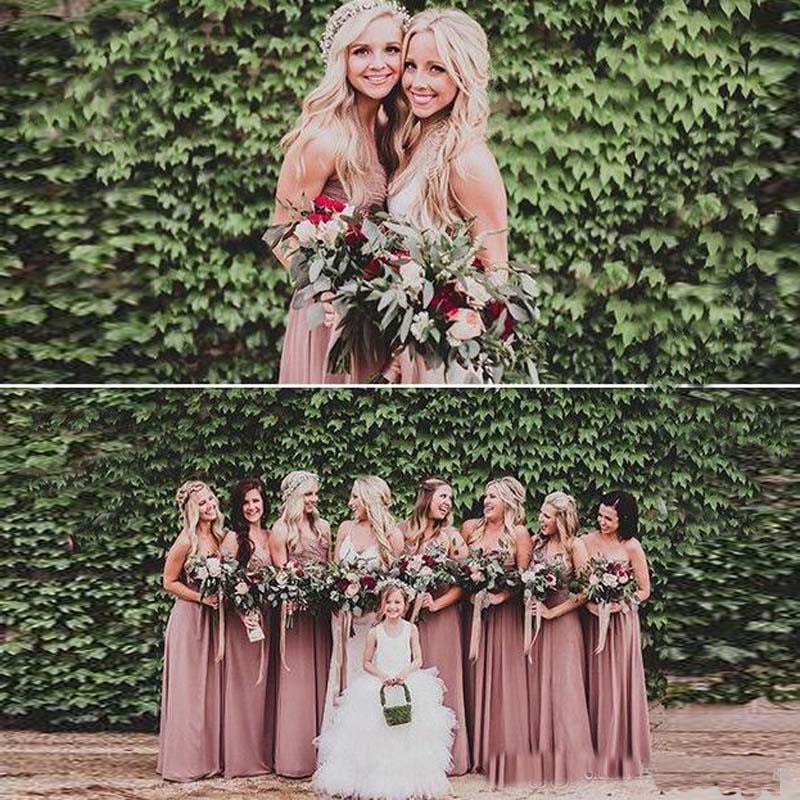 Pas cher Longue Demoiselle D'honneur Robes D'Invité 2019 Sweetheart Sans Manches Country Beach Jardin Robe De Demoiselle D'honneur Élégant Maid H
