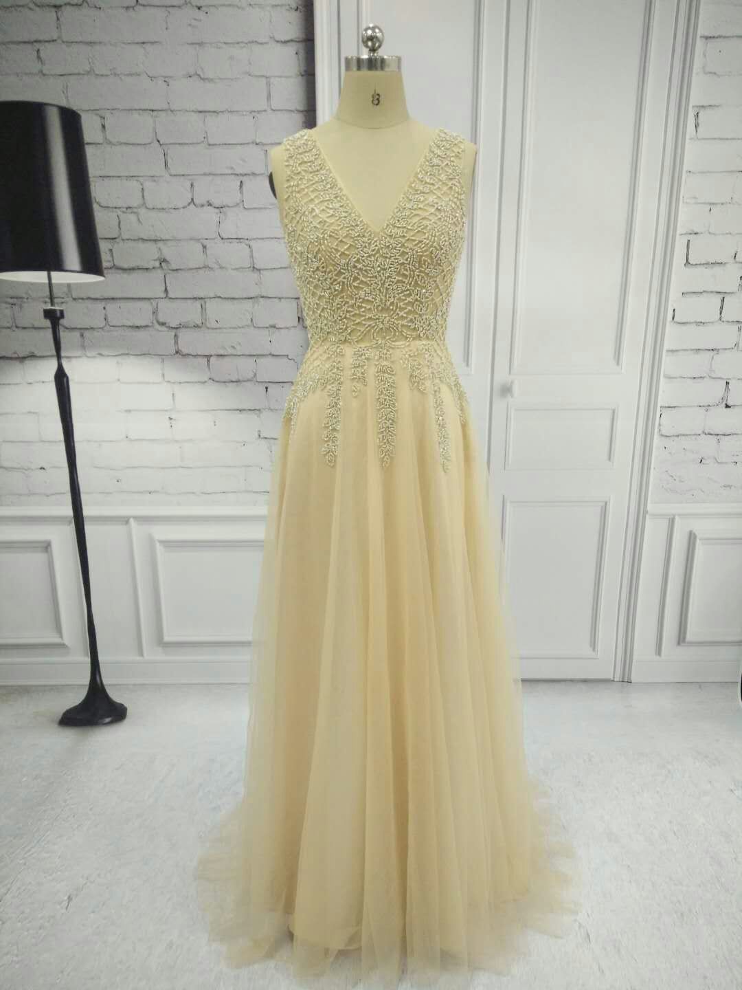 

Real Photos Women Chiffon A-Line Long Yellow Beaded Prom Dresses Party Vestido De Festa Sleeveless Custom V-Neck Open Back Formal Dresses, Pink