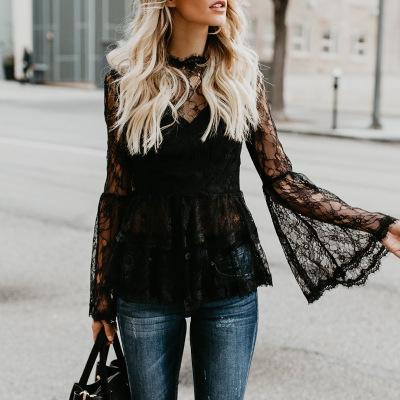 

Women' Blouses & Shirts American Eur Style Spring High Streetwear Sexy Lace Women Black Flare Sleeve Casual Top Clothing