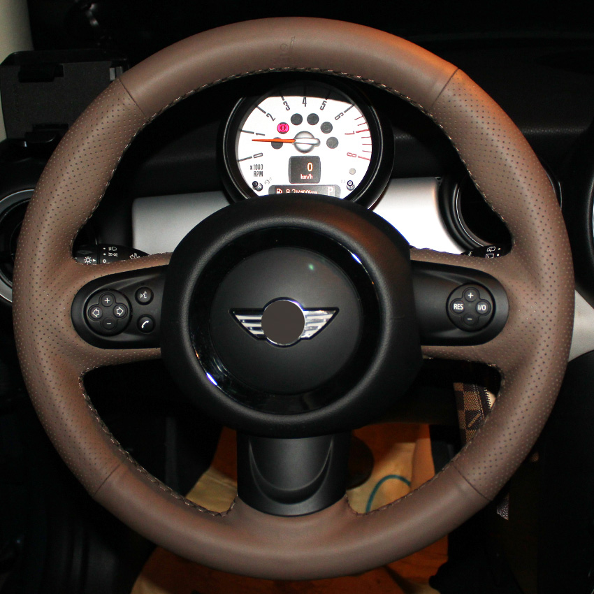Dark Brown Genuine Leather Hand-stitched Car Steering Wheel Cover for Mini Coupe-image-429805247
