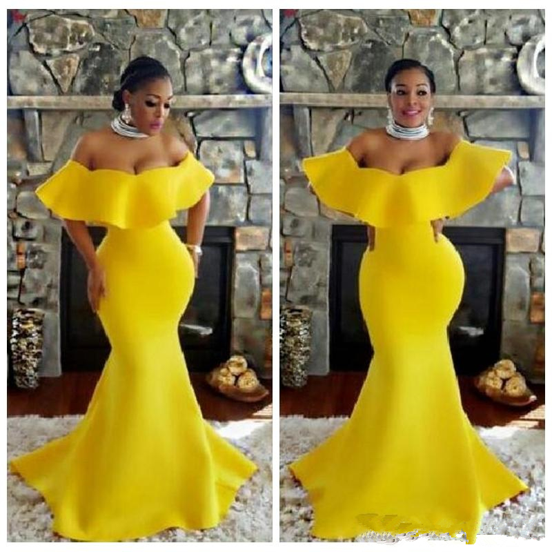 2019 off shoulder Formal Prom Dresses long Bright Yellow Mermaid bateau neck Evening Gowns Saudi Arabic Ladies Special Formal Party Gowns