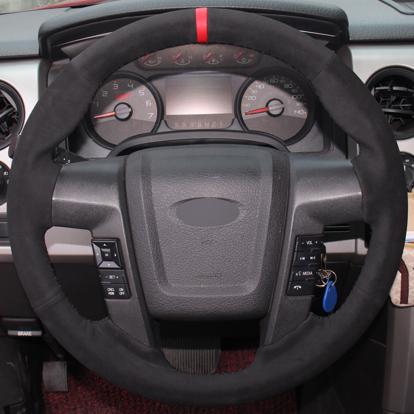 Black Suede Hand-stitched Car Steering Wheel Cover for Ford F150 F-150-image-429885045