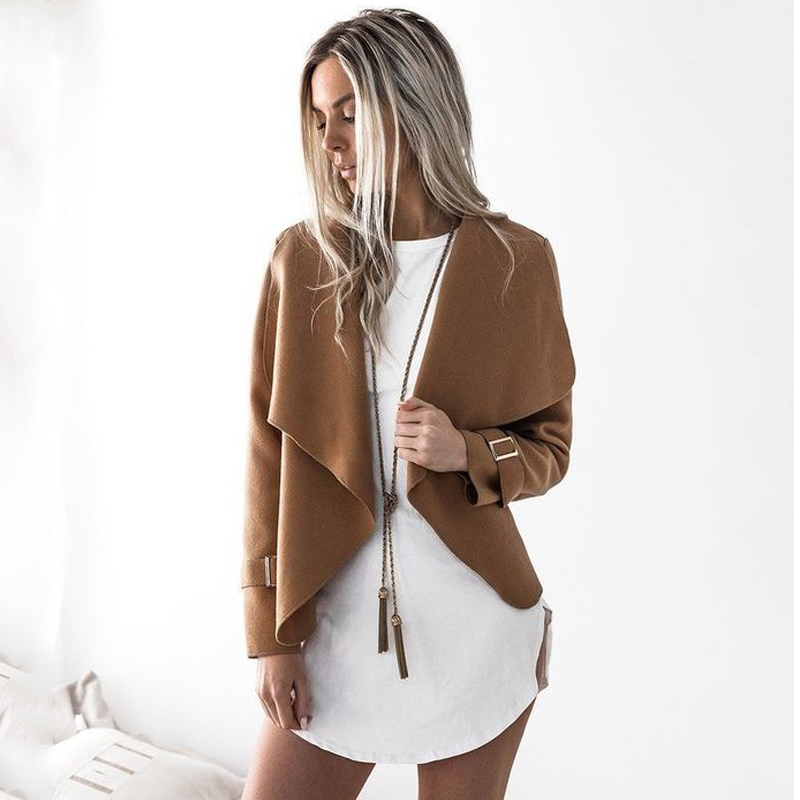 

Autumn Fashion Turn-down Collar Coat Women Long Sleeve Cardigan Female Woolen Coat Solid Lapel Short Jacket Womens Outwear Lady, Kahki