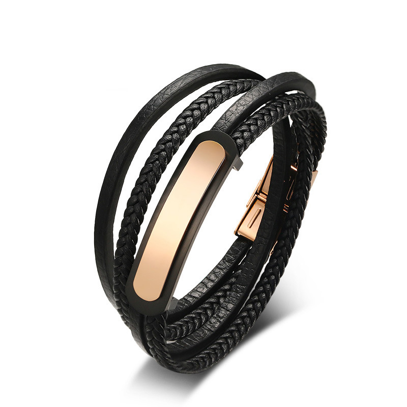 

Stylish Black Mens Leather Bracelet Multi-Layer Braided Link Chain Rose Gold ID Bracelet for Male Jewelry 7.9 Inch