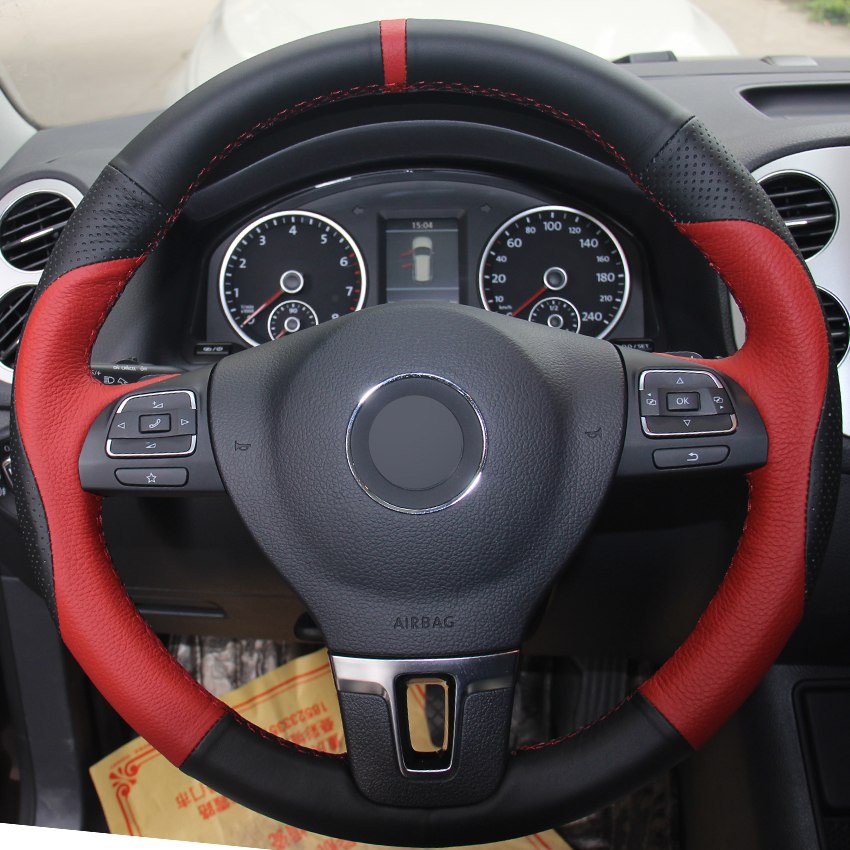 Couverture de volant de voiture en cuir noir rouge rouge pour Volkswagen VW Tiguan Passat B7 Passat CC Touran Magotan