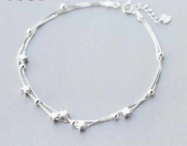 Femmes en gros authentique 925 en argent Sterling Double couches étoiles perles Bracelet de cheville bijoux fins S275