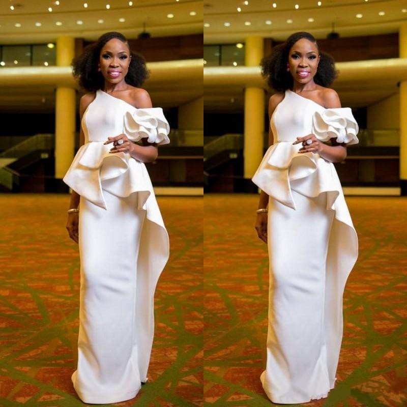

Dubai African White Satin One Shoulder Prom Dresses Sheath Ruffles Sleeveless Peplum Celebrity Party Long Evening Dress Gowns Custom Made, Dark red