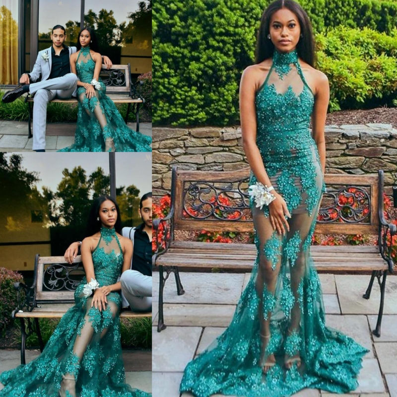 

Green See Through Prom Dresses Halter Lace Appliques Mermaid Evening Gowns South African Sweep Train Cocktail Party Dress Custom Made, Sage