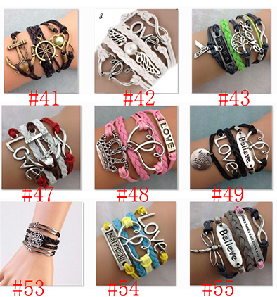 

Infinity Bracelets Mix 78 style Lots Fashion Jewelry Wholesale Leather Infinity Charm Bracelet Vintage Accessories Lover Gifts free shipping