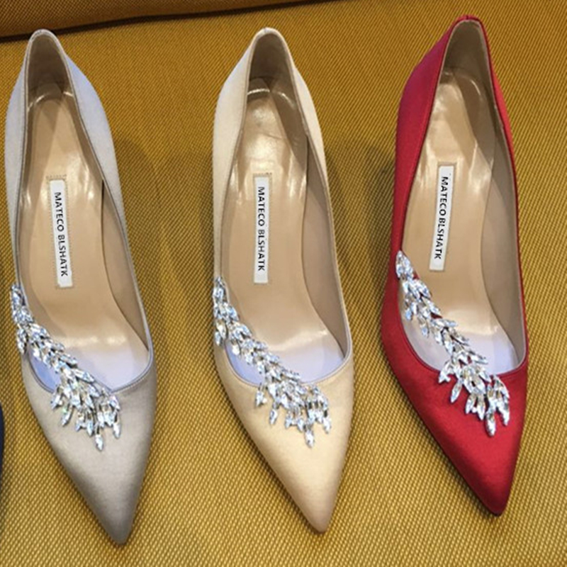 

{Original Logo} Luxury Women Pumps High Heels Dress Shoes 6cm 8cm 10cm Sexy Pointed Toe Party Fashion Crystal Big Size, Red
