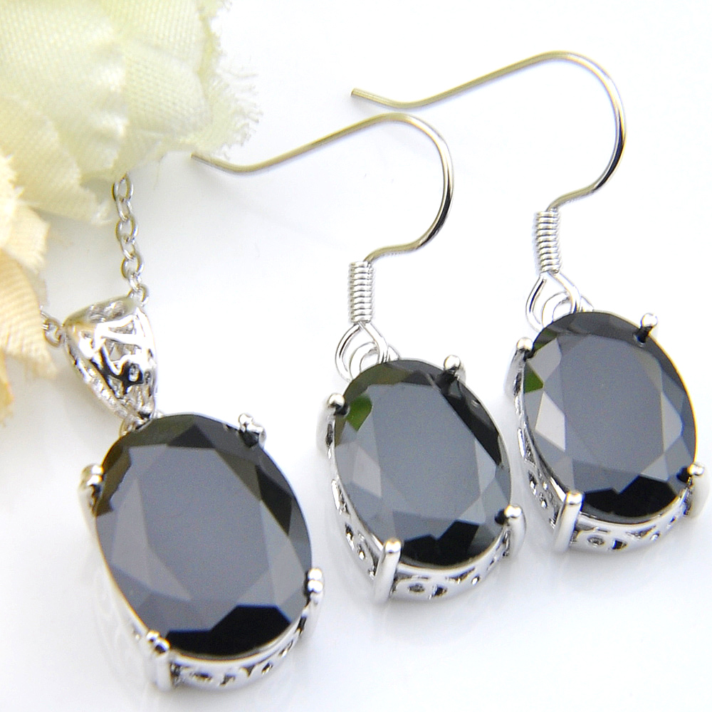 Luckyshien Halloween Gift Ellipse Black Onyx Gems 925 Silver Crystal Zircon Necklaces Pendant Earrings Women Jewelry Sets Free shippings-image-415507482