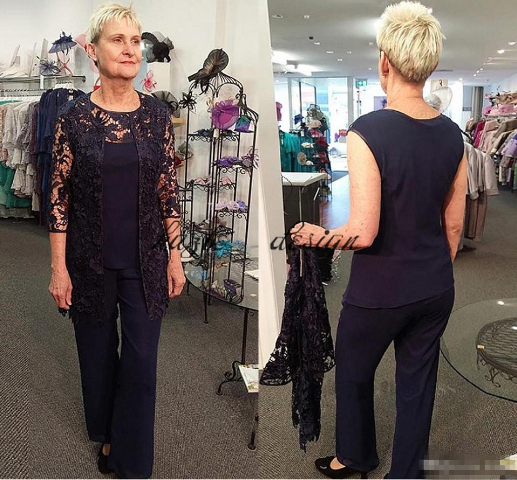 Marine Bleu Femmes Combinaison Ensemble Plus La Taille 2018 Fabuleux Pantalon Costumes Dentelle Veste En Mousseline De Soie Décolleté Mère De La