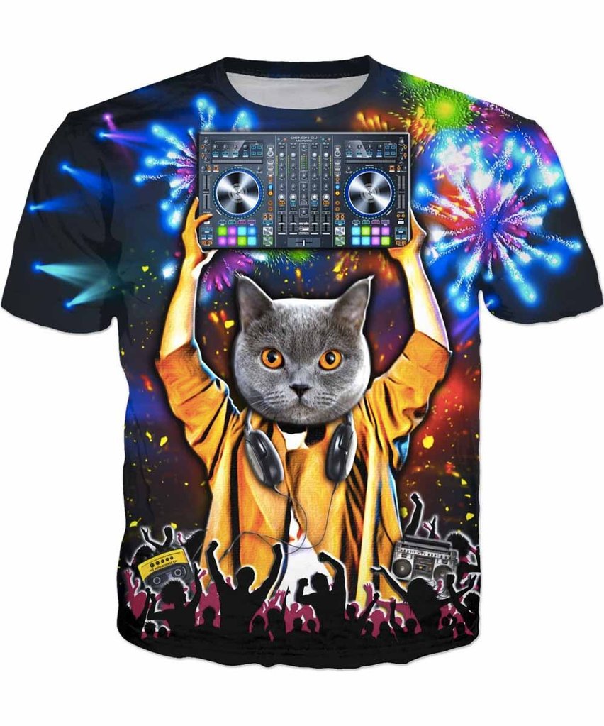 Vente en gros de haute qualité nouvel été unisexe T-Shirt 2018 mode courte musique DJ chat imprimé drôle t-shirt hommes hauts Ypf127