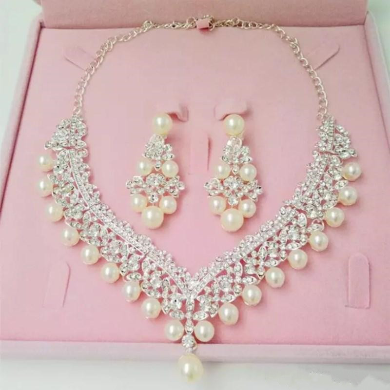 

Luxury Rhinestones Bridal Jewelry Sets Pearls Silver Crystals Wedding Necklaces And Earrings For Bride Prom Evening Party Accessories