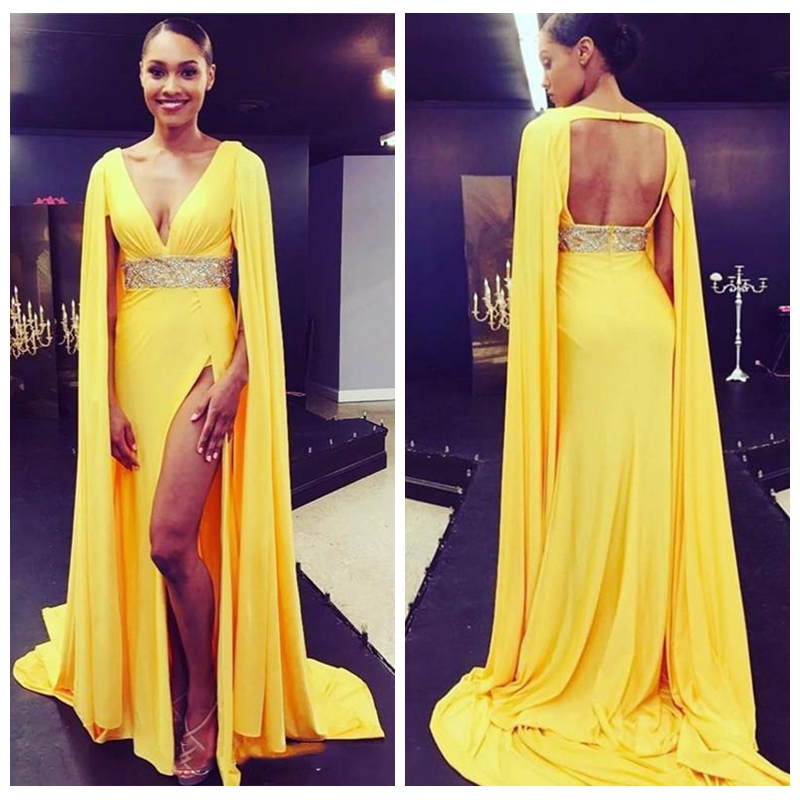 

2018 V Neck Sexy Open Back Evening Dresses Yellow High Split Formal Celebrity Red Carpet Dress Beaded High Waite, Sage