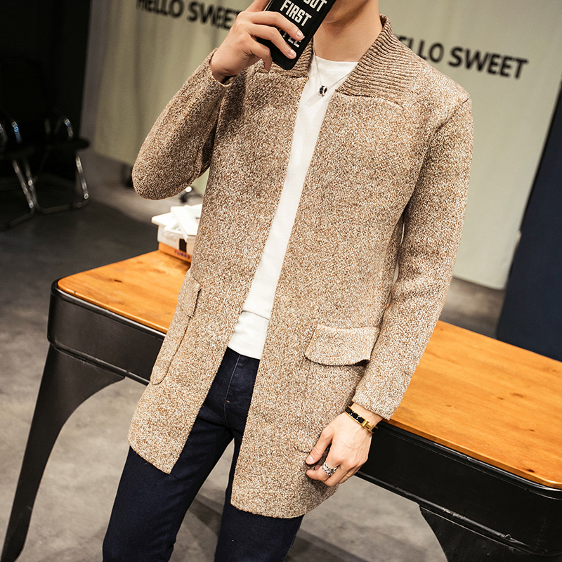 

2017 Autumn Winter Long Sweater Cardigan Men England Style Khaki Knitted Coat Male Sweatercoat with Pocket Knit Windbreaker Men
