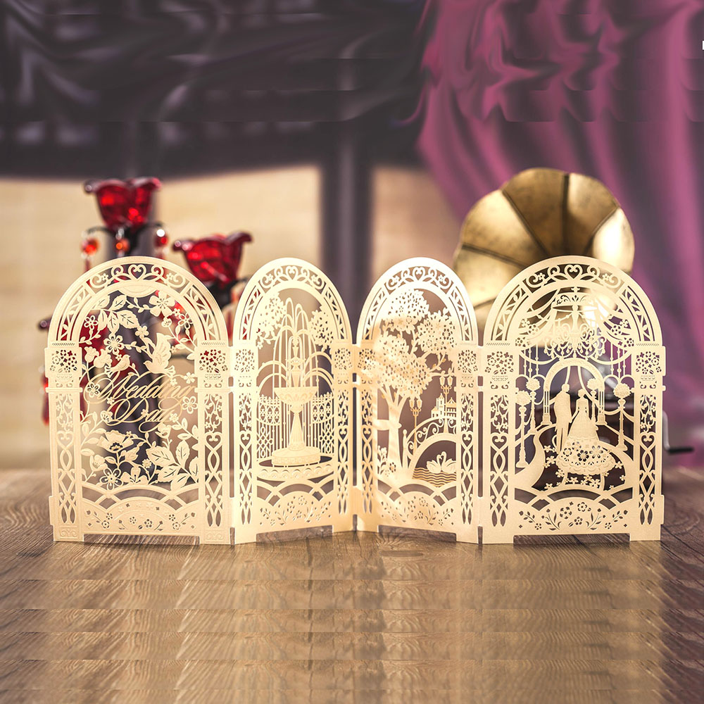 

Gold custom personalized Wishmade laser cut wedding invitation cards kit, with envelopes, seals, personalized printing, for wedding