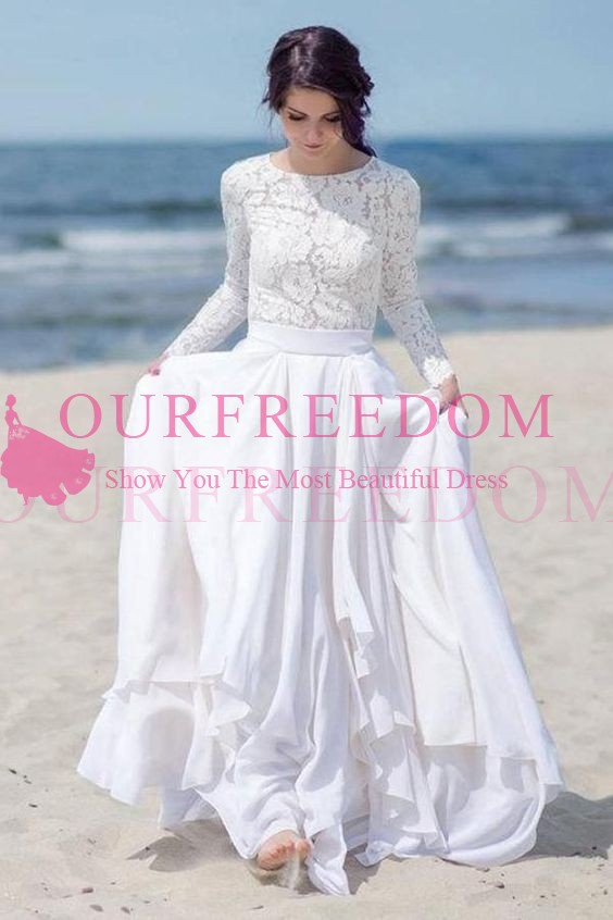 

2019 Modest Long Sleeve Lace White Wedding Dresses Jewel Neck A Line Chiffon Tiered Skirts Brdial Gown For Beach Wedding Cheap Hot Sale, Black