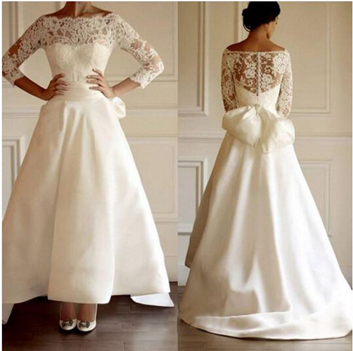 

Elegant Off shoulders Wedding Dress 2018 With Illusion 3/4 Sleeves Short Front Long Back High Low Court Train Lace Wedding Bridal Gowns, Black & white