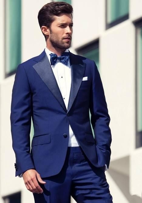 

High Quality Two Buttons Blue Groom Tuxedos Groomsmen Notch Lapel Best Man Blazer Mens Wedding Suits (Jacket+Pants+Tie) H:787, Same as image