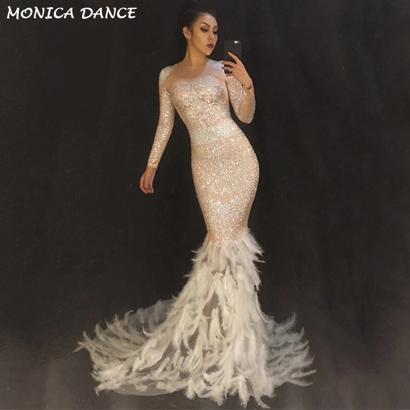 Sparkly AB Rhinestones Feather Long Dress Glisten Full Stones Big Floor Tail Dress Costume Prom Birthday Celebrate Dresses-image-422718664