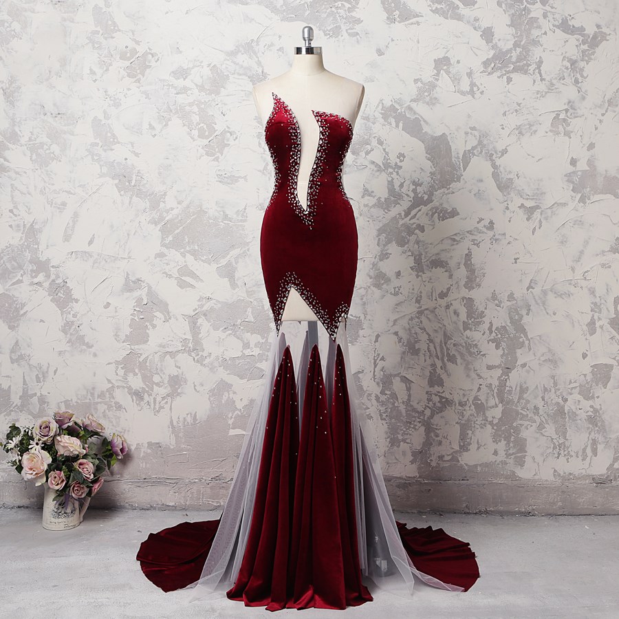 

New Design Burgundy Prom Dress Long Mermaid Womens 2018 Maxi Gowns Beaded Sexy Amazing Floor Length Red Carpet Celebrity Dress, Black