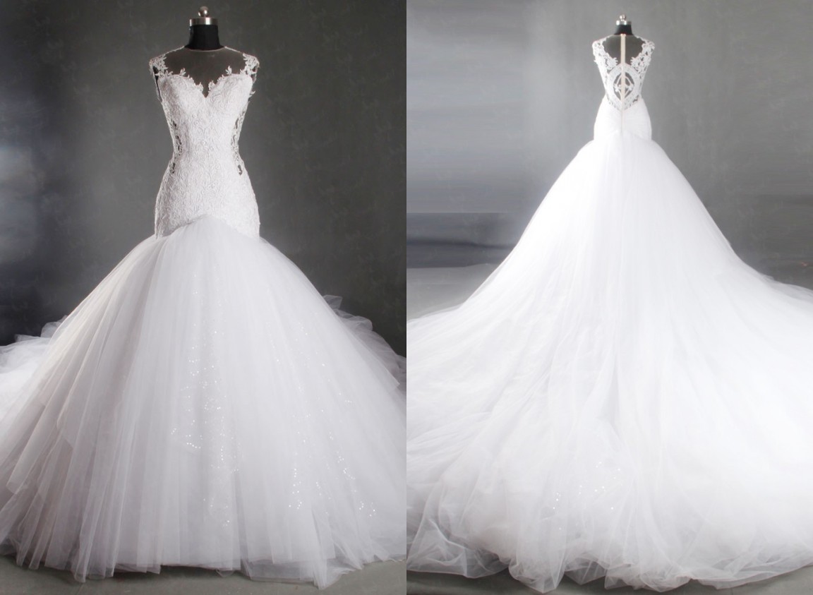 

Luxury Long Train Mermaid Wedding Dress Cheap 2021 Actual Photo Plus size Designer Sheer Neck Hollow Back With Lace Applique Tulle, Same as image