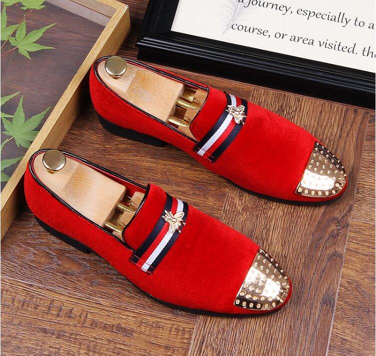 

New mens fashion velvet embroidery loafers pointed toe slip on flat casual driving shoe red black moccasins size 38-43