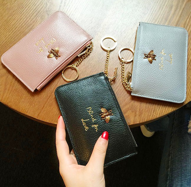 

2019 Women's wallet Rectangle Genuine leather Women's billfold Zero purse Small Checkbook Wallets Card bag honeybee Short Credit Card W00124, Multi