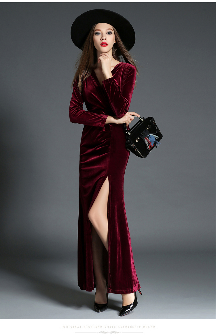 

Burgundy Velvet Dresses Party Evening Sexy Side Slit Long Sleeves Prom Dress Ankle Length Plus Size Formal Gowns, Black