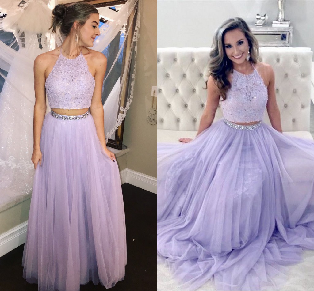 

Light Purple Two Piece Prom Dresses Halter Lace Beaded Tulle Floor Length Lavender Party Dresses Sexy Backless, Silver