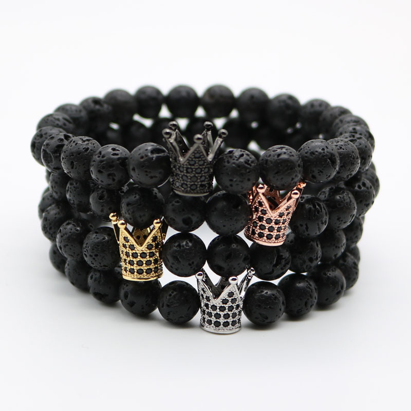 4 couleurs micro pave cubique zircone bracelets de couronne impériale marque les hommes femme charme de lave noire bouddha perles de bracelet bij