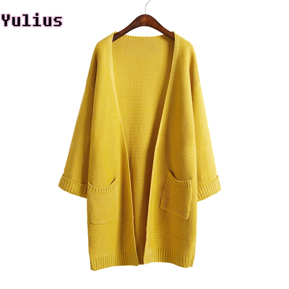 

Wholesale-2017 ulzzang Girl Casual Long Knitted Cardigan Autumn Korean Women Loose Solid Color Pocket Design Sweater Jacket Pink Beige, Orange red s031