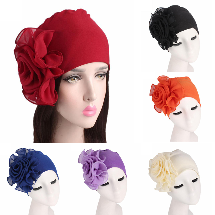 

Women Stretchy Beanies with Big Flower Hair Loss Cap African Turban Boho Head Wrap Hijab Wedding Party Cap Turbantes mujer Girl Hats, Many colors
