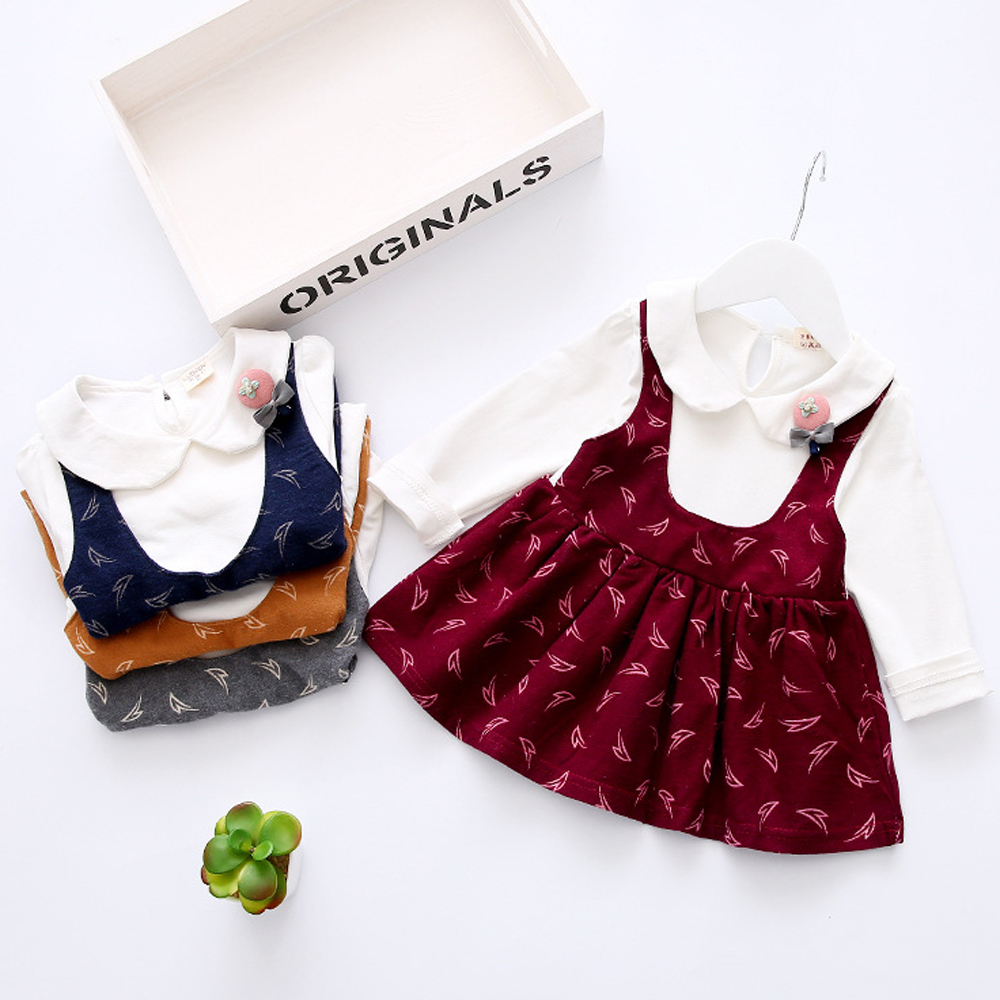 Wholesale- Fashion Toddler Girl Dress Cotton Long SLeeve Spring Kids Peter Pan Collar Baby Dress Imitate Two Pieces Baby Girl Clothing 2017