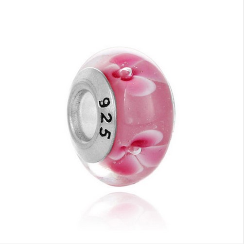 

Pink Flower Murano Lampwork Glass Bead 925 Stering Silver Big Hole Loose Beads Fit European Pandora Charms Bracelet & Necklace Diy Jewelry