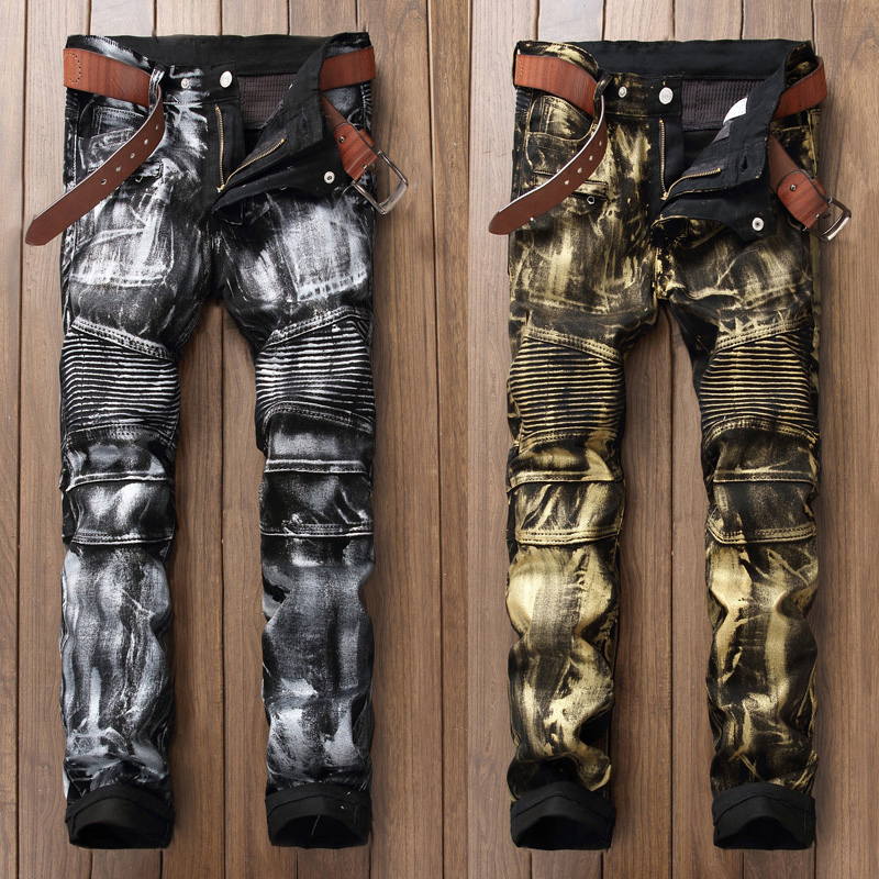 

Fashion Streetwear Men Jeans Punk Style Night Club Golden Silver Paint Printed Jeans Men Slim Fit Brand Biker Long Pants, Gold