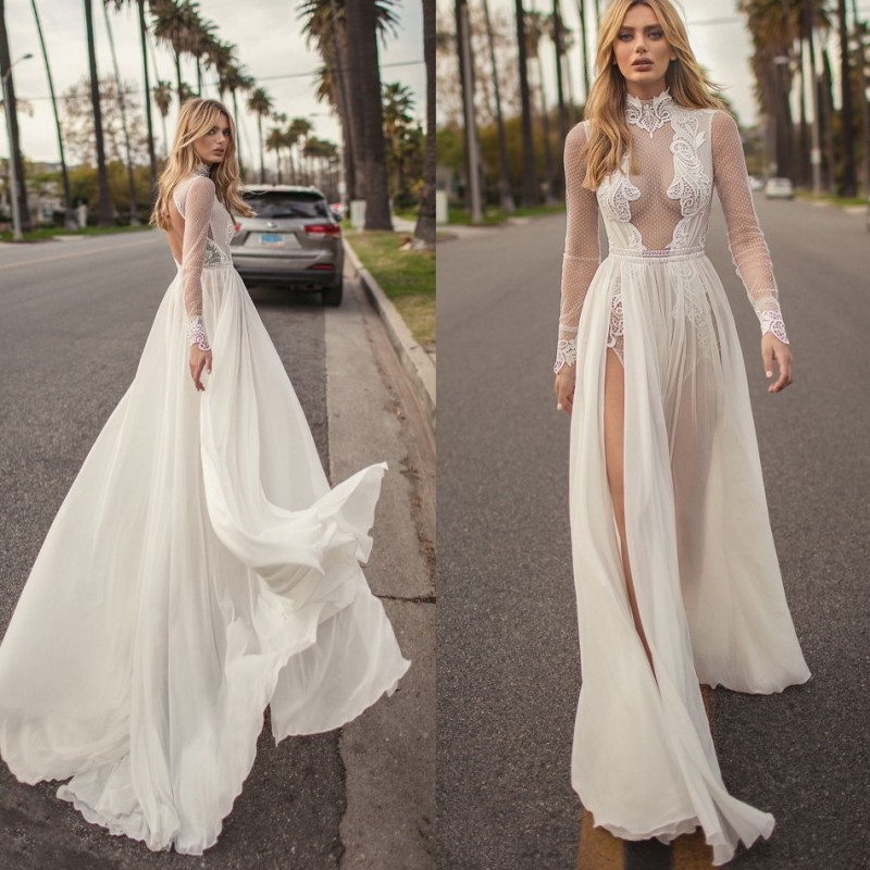 

A Line Beach Split Wedding Dresses Muse by Berta High Neck Long Sleeves Open Backless Bridal Gowns Chiffon Country Wedding Dress, Custom made from color chart