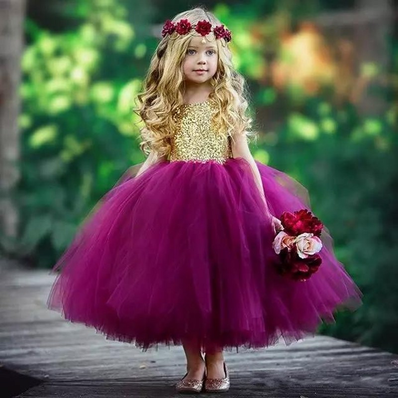 

lovely princess flower girl dress for wedding kids jewel neck shiny gold sequined bodice purple tulle ball gown skirt flowergirl dresses, Yellow