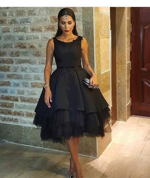 

Black Little Party Prom Dresses A line Sleeveless Knee Length Cocktail Dresses Tulle Skirt Arabic Dresses peplum dress Custom Made
