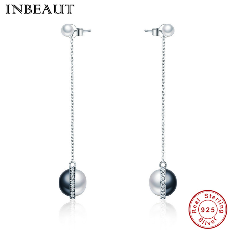 INBEAUT Women Original 100% 925 Sterling Silver White&Black Pearl Long Tassel Stud Earrings Female Fashion S925 Dangle Jewelry