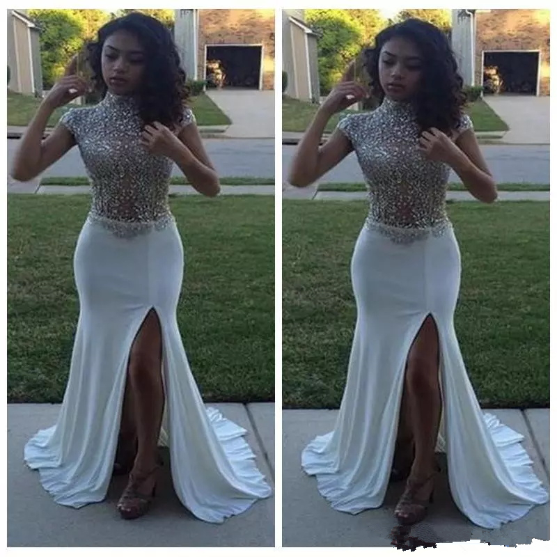 

Black Girls Mermaid Prom Dresses Crystals Beading High Neck Illusion white rhinestone Side Split African Long Chiffon Evening Party Gowns, Light yellow
